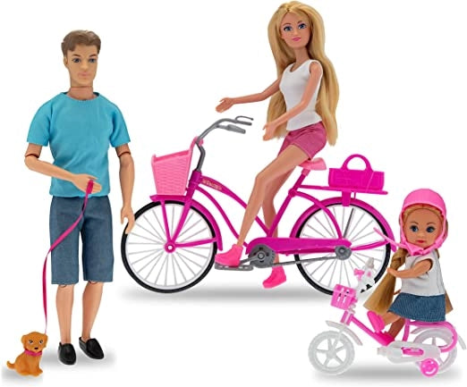 Teorema 67265 - Bambola Dea per bambini con figlia in bicicletta, 1 Personaggio Maschile con a guinzaglio un Cane, 2 Cas
