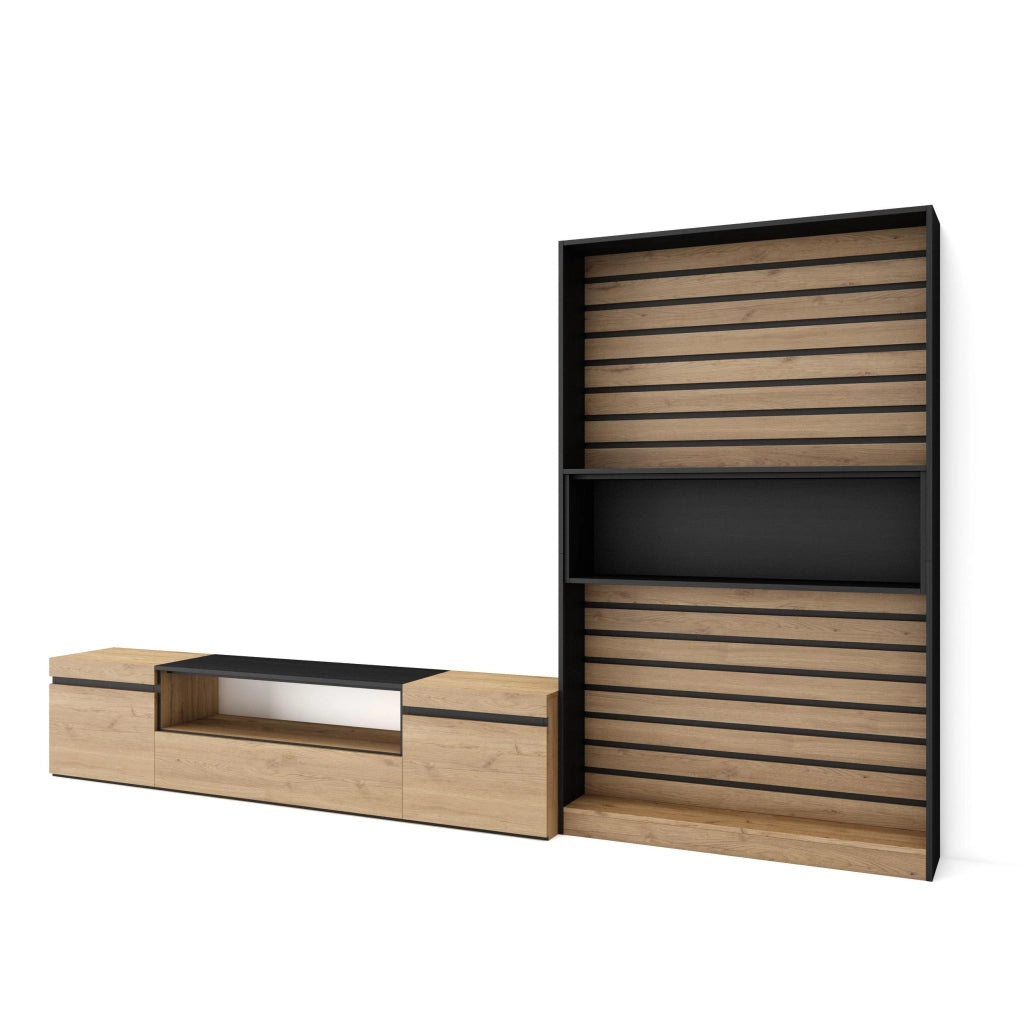 Mobile TV, Soggiorno, 310x35x186cm, Per TV fino a 80", Set di mobili, colore Rovere e nero RF2856