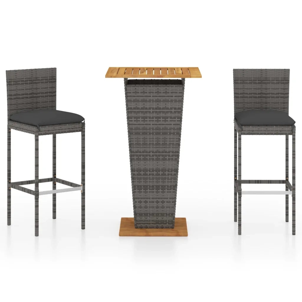 Set Bar da Giardino 3 pz con Cuscini in Polyrattan Grigio