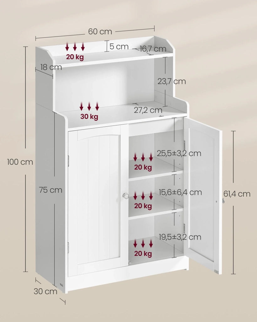 Mobiletto da bagno mobiletto portaoggetti mobiletto a 2 ante con 2 ripiani regolabili per sala da pranzo cucina soggiorno 30 x 60 x 100 cm bianco 12_0006479