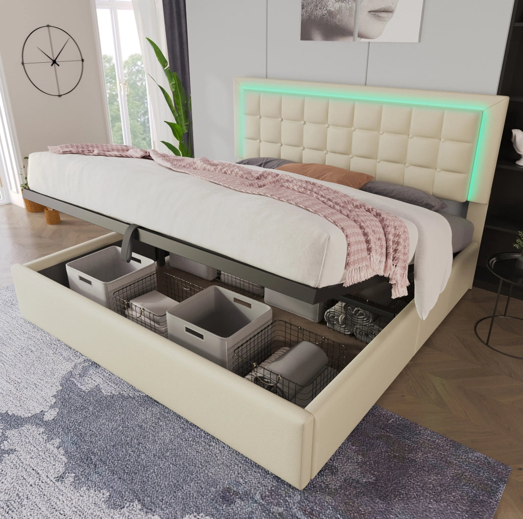 Letto contenitore 160x200 cm in PU bianco con rete a doghe e LED