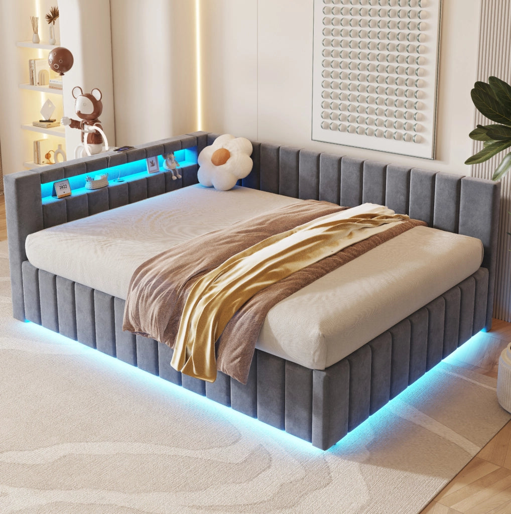 Letto imbottito 140x200 con contenitore idraulico; LED; USB e rete a doghe; grigio