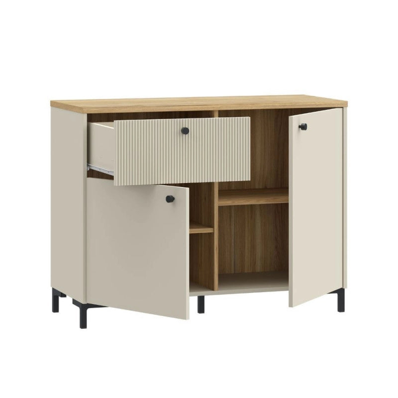 Madia Unit 2 ante e 1 cassetto cannettato L 103.1 x P 41.9 x H 79 cm. colore cashmere con top rovere
