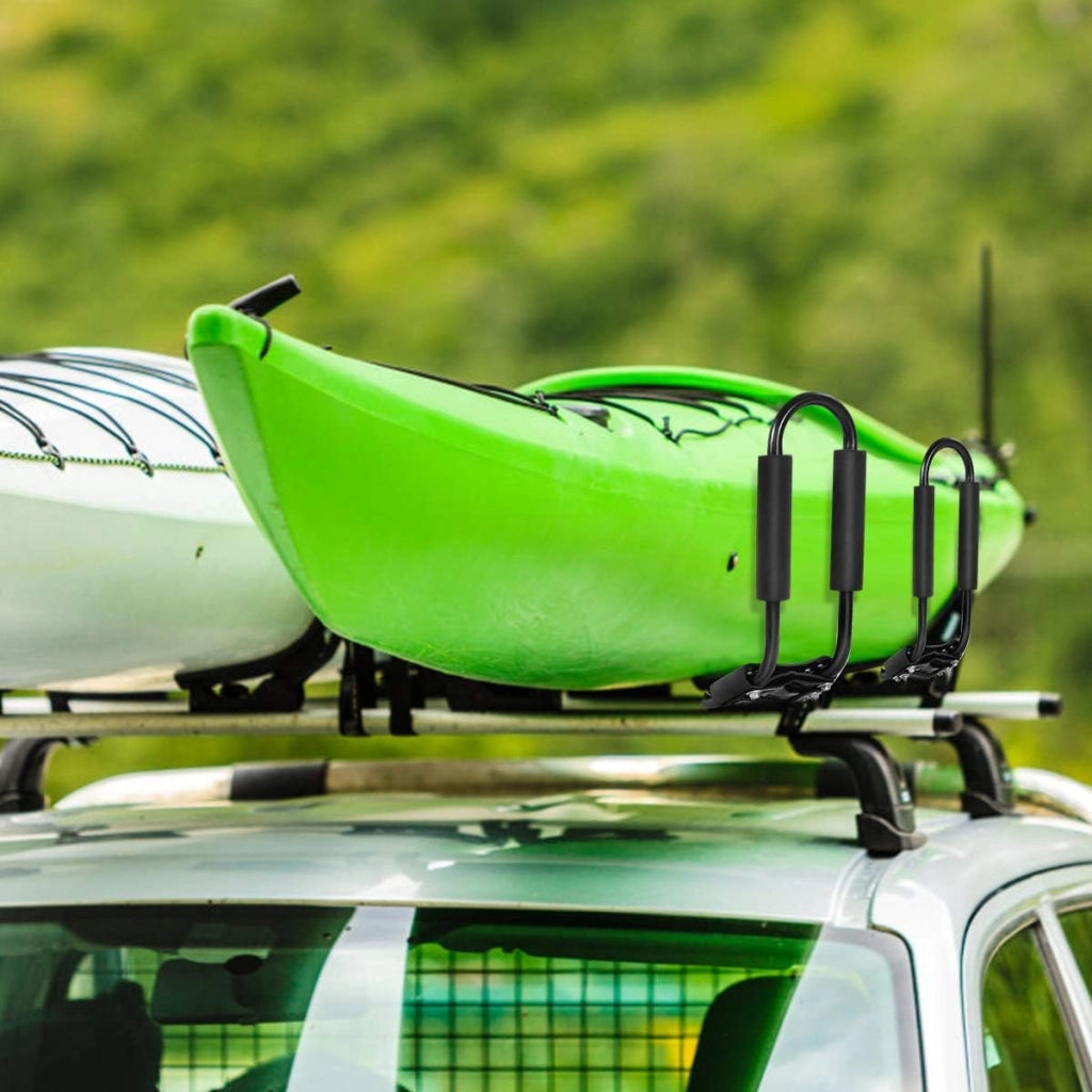 Galleria da tetto universale per kayak 4 pezzi 36 x 20 x 15 cm, porta bagagli auto sicura e stabile a forma di J, imbottitura in schiuma, 4 cinghie, carico 75 kg, per kayak, sci, valigia, nero