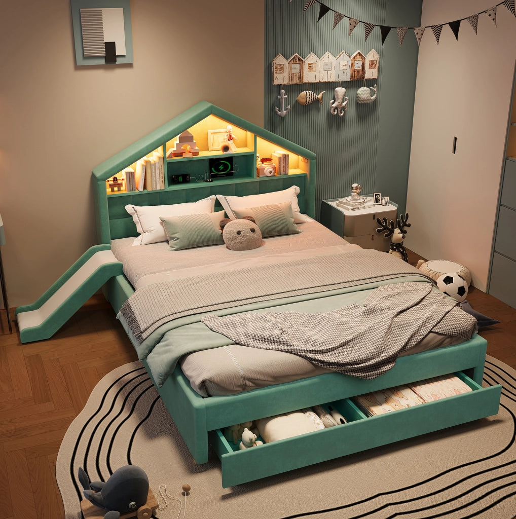 Letto per bambini imbottito 140x200 cm blu verde con scivolo montabile su entrambi i lati; LED e vano contenitore