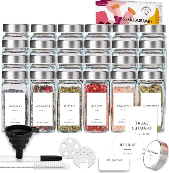 Set di 24 contenitori per erbe con adesivi - 120 ml - 301 etichette - Tedesco - Dispensatore per erbe - Coperchio in acciaio inossidabile premium - Sistema di stoccaggio - Accessori per contenitori per erbe con adesivi