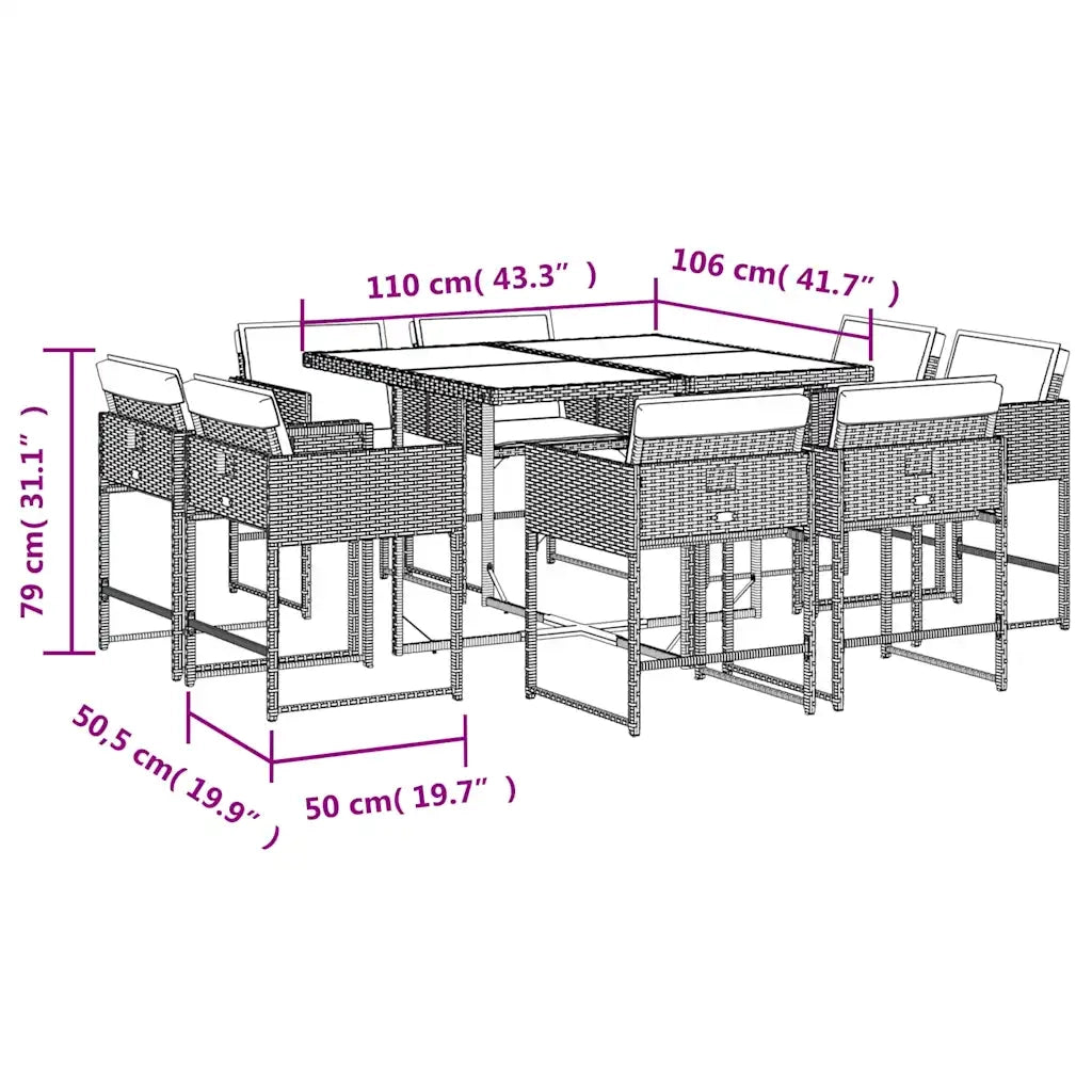 vidaXL Set da Pranzo da Giardino 9 pz con Cuscini in Polyrattan Grigio