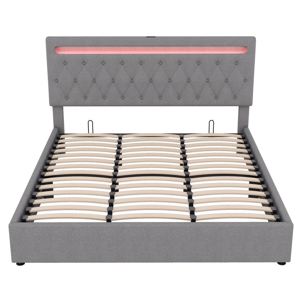 Letto contenitore imbottito ¨C Minimal ¨C Grigio 180x200cm con LED idraulico e porta USB