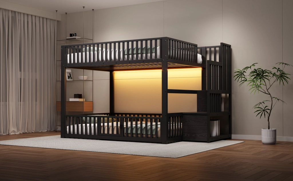 Letto a castello 140 × 200 cm con LED scala contenitore sponde protettive in metallo e MDF nero