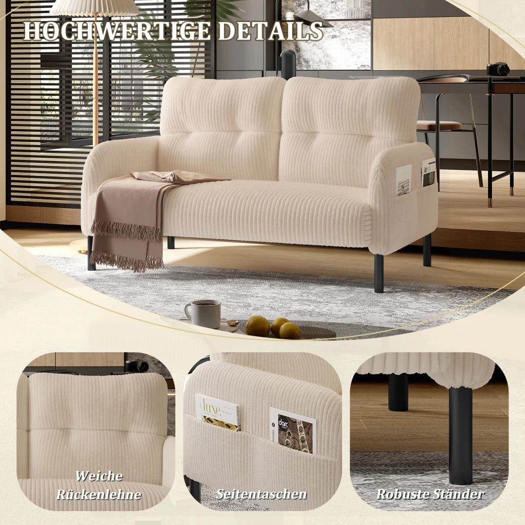 Divano Lineare 2 Posti con Tasca Laterale Schienale Alto Ergonomico Piedini in Metallo in Velluto a Coste Beige
