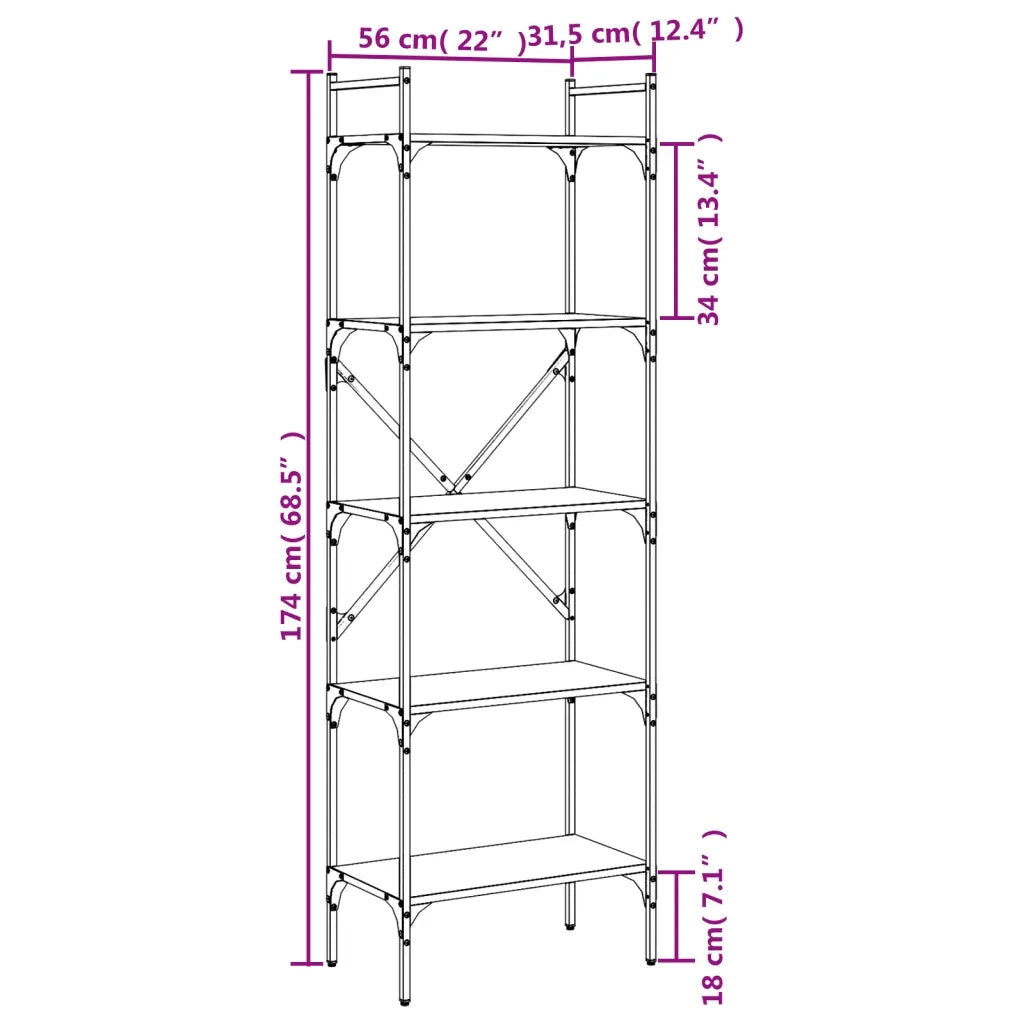 Libreria Nera 5 Ripiani 56x31,5x174 cm Legno Multistrato 833343