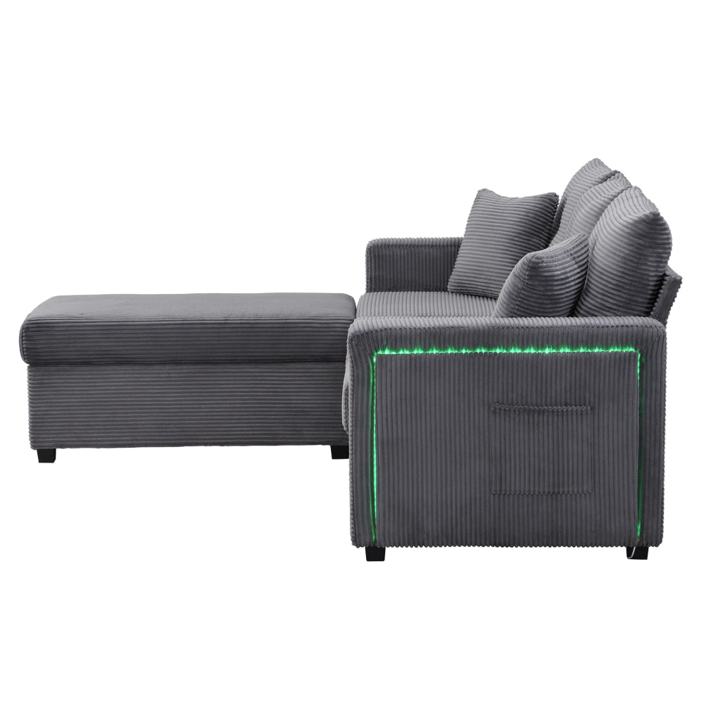 Set divano modulare a L YEAVIO con LED, 3 posti, tessuto in velluto a coste, cuscini memory e pouf grande rimovibile