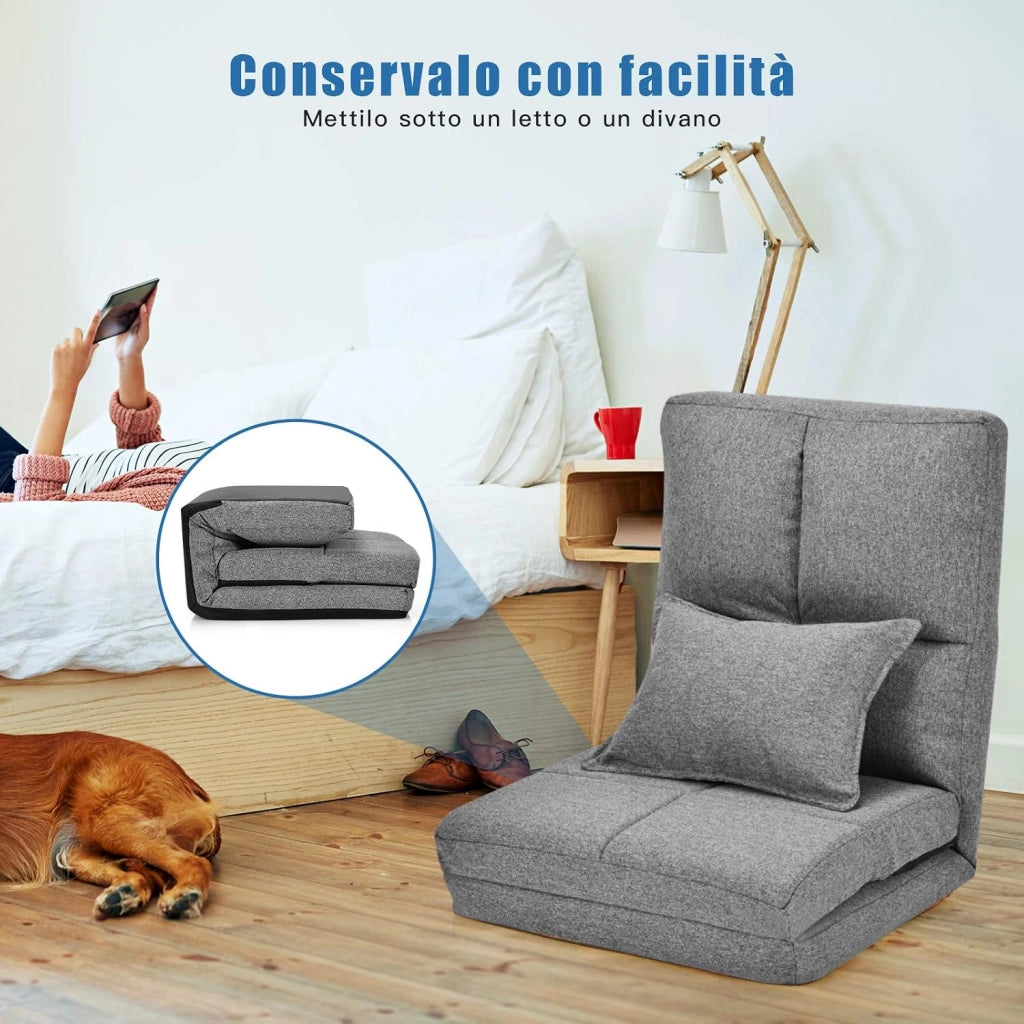 Sedia Pieghevole da Pavimento Portatile, 5 Angoli Regolabile, Cuscino da Seduta con Cuscino per la Schiena, Ideale per Soggiorno Camera da Letto (Grigio)