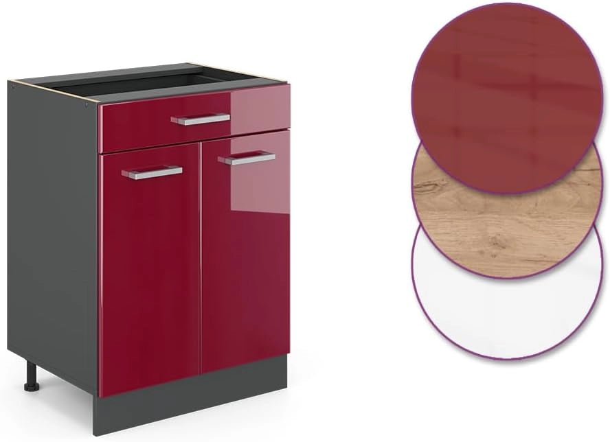 Mobiletto base per cucina R-Line, Rosso lucido, 60 cm con cassetto, senza piano di lavoro, per la libera combinazione all'interno di sistemi cucina modulari