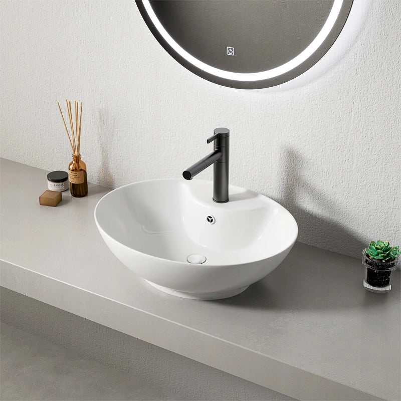 LAVABO DA APPOGGIO OVALE IN CERAMICA BIANCA LOFT  LUCIDA CON FORO DI TROPPO PIENO