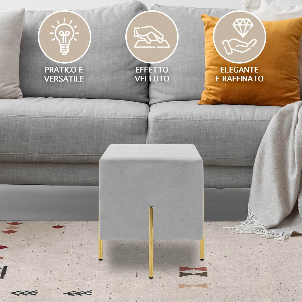 Pouf Poggiapiedi In Velluto Con Gambe Dorate Elegante Imbottito Sgabello Per Toeletta Mobile Trucco Ottomano Ingresso Tavolino Camera Da Letto Soggiorno Salotto Quadrato - Grigiochiaro