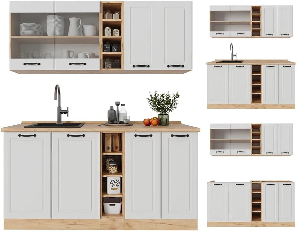 Cucina completa R-Line, Casa di campagna bianca/quercia dorata, 160 cm, PL Marmo, adatto per combinazioni ed espansioni personalizzate