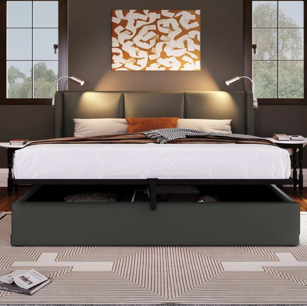 Letto matrimoniale imbottito con contenitore, luce di lettura e ricarica USB