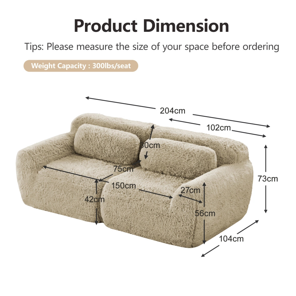 OKWISH Divano Modulare 2 Posti, Design Senza Struttura e Composizione Libera con Cuscini, Tessuto Peluche, Cachi Chiaro