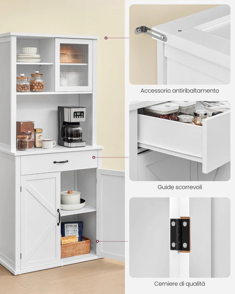 VASAGLE Credenza Cucina con Luce e Multipresa, Mobile Dispensa Cucina con Ante e Cassetto, 39,5 x 80,4 x 180,6 cm, con Ripiani Regolabili, Stile Farmhouse, Bianco Nuvola BBK363W21