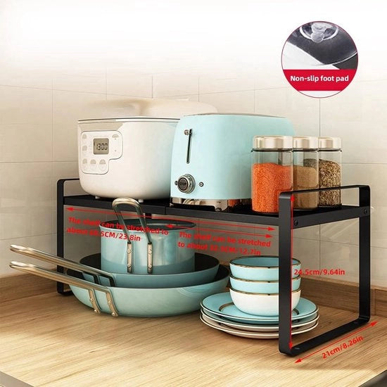 Uitbreidbaar rack per cucina, organizzatore a stappello, rack per la dispensa, dispensa, organizzatore, cucina, rack, organizzatore per spezie e servizio, magazzino, più spazio di archiviazione (nero)
