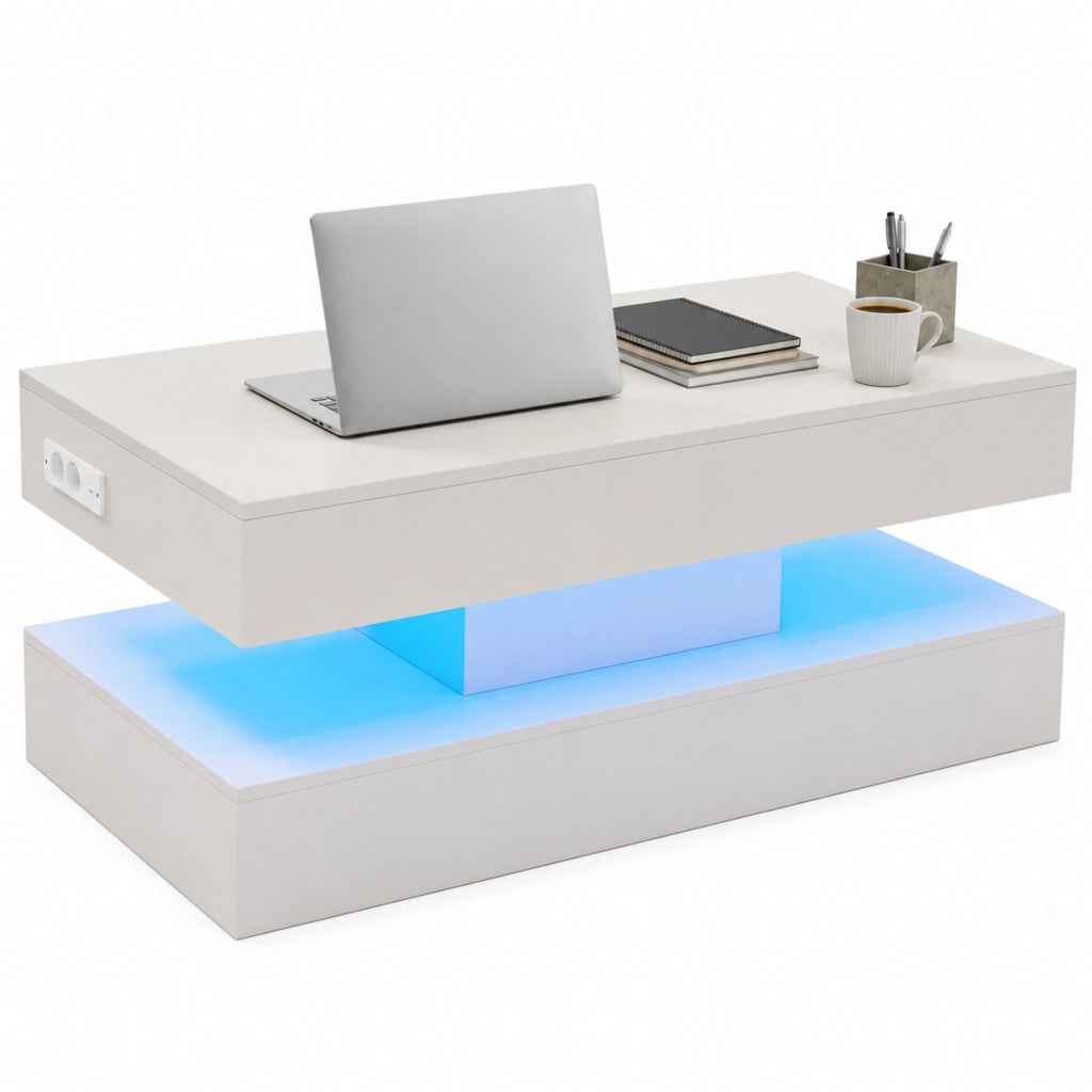 TAVOLO da caffè regolabile 100x50x42 cm bianco con LED, presa EU e vano nascosto