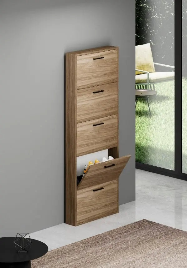 Scarpiera Slim in legno nobilitato 5 ribalte Noce Naturale cm 180x65x15