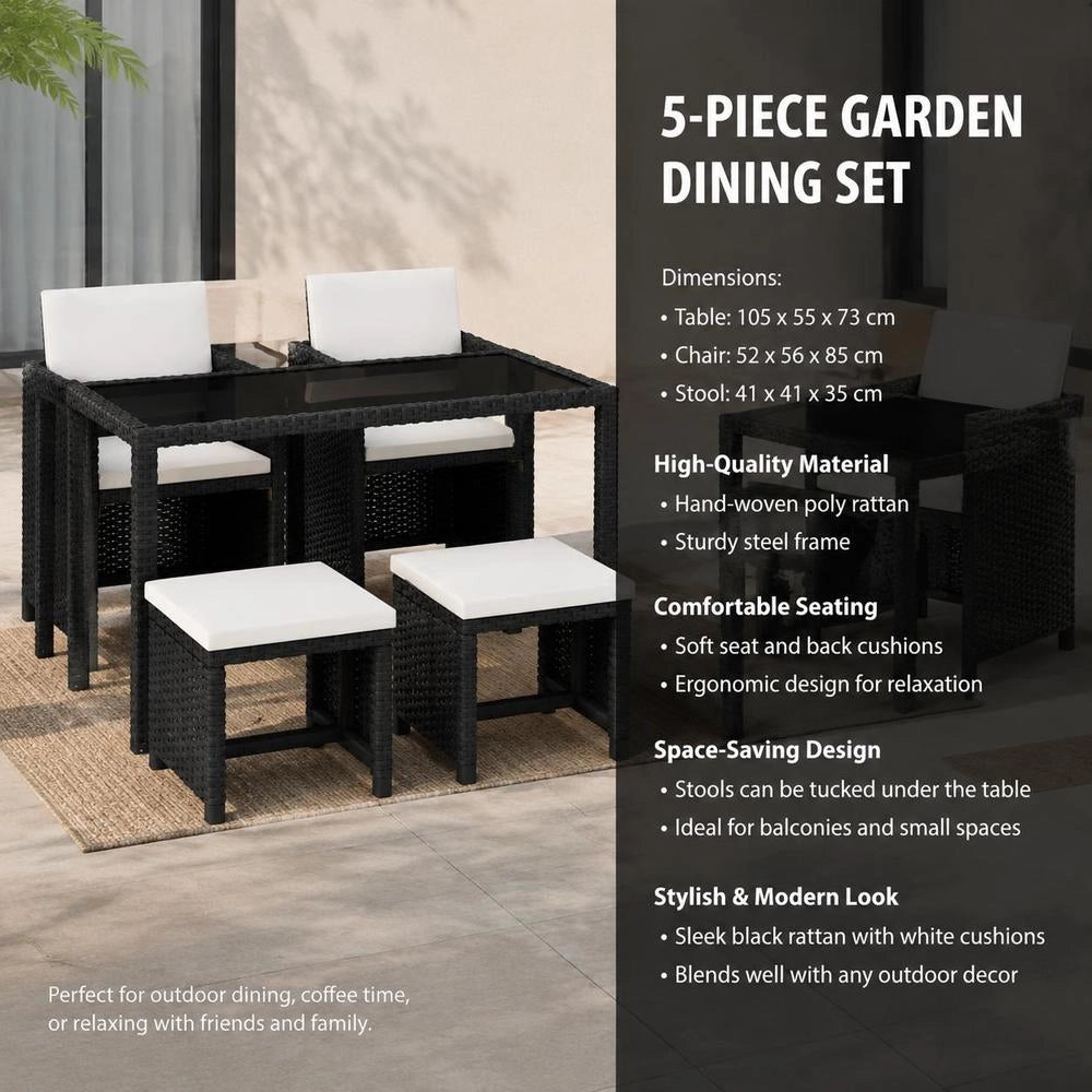 5-piece Garden Dining Set With Cushions, Poly Rattan, Black