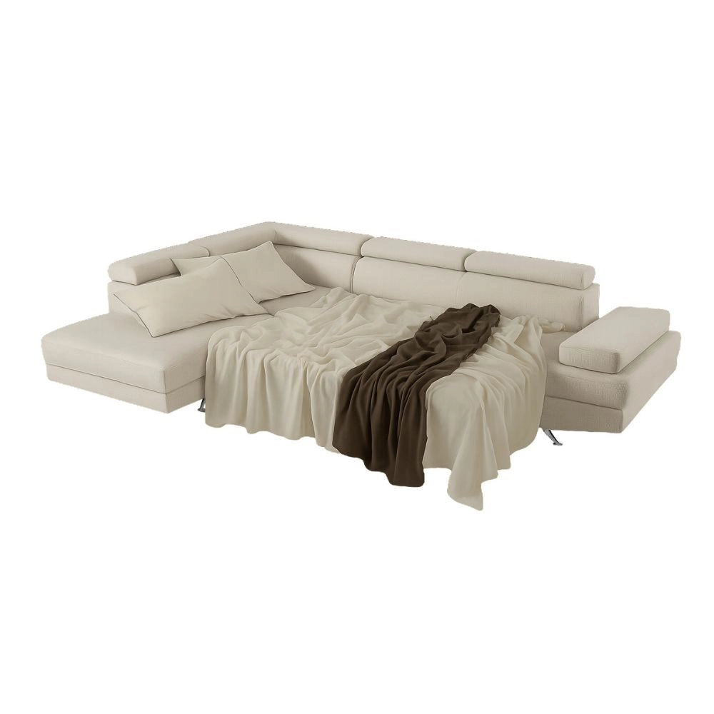 Divano angolare sinistro Julie Barrel con letto estraibile beige 297x206x79