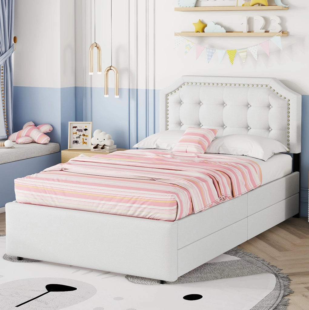 Letto imbottito 90x200 cm con cassetti; MDF e lino; beige chiaro