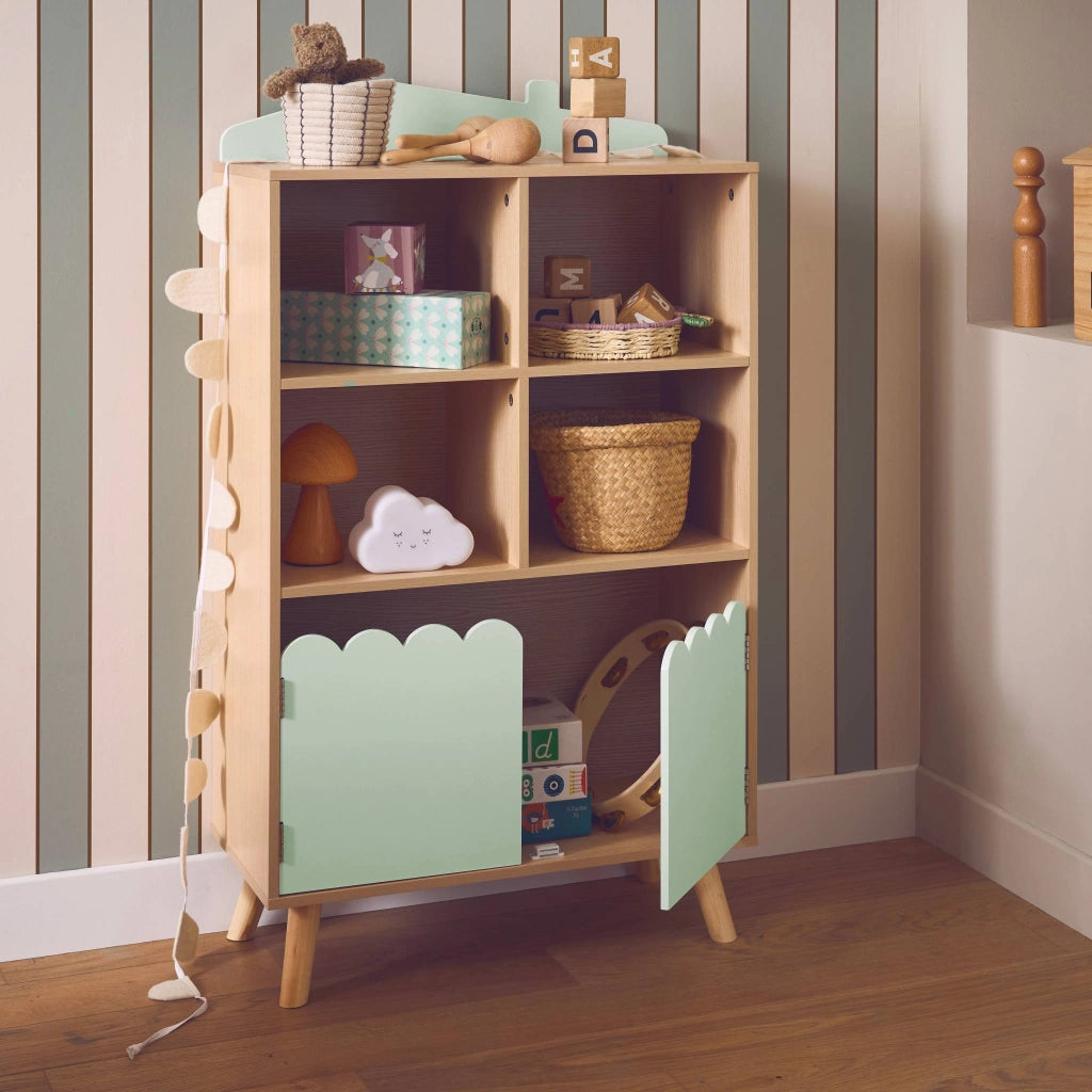 Biblioteca per bambini in legno di pino 2 porte e 4 scaffali, verde