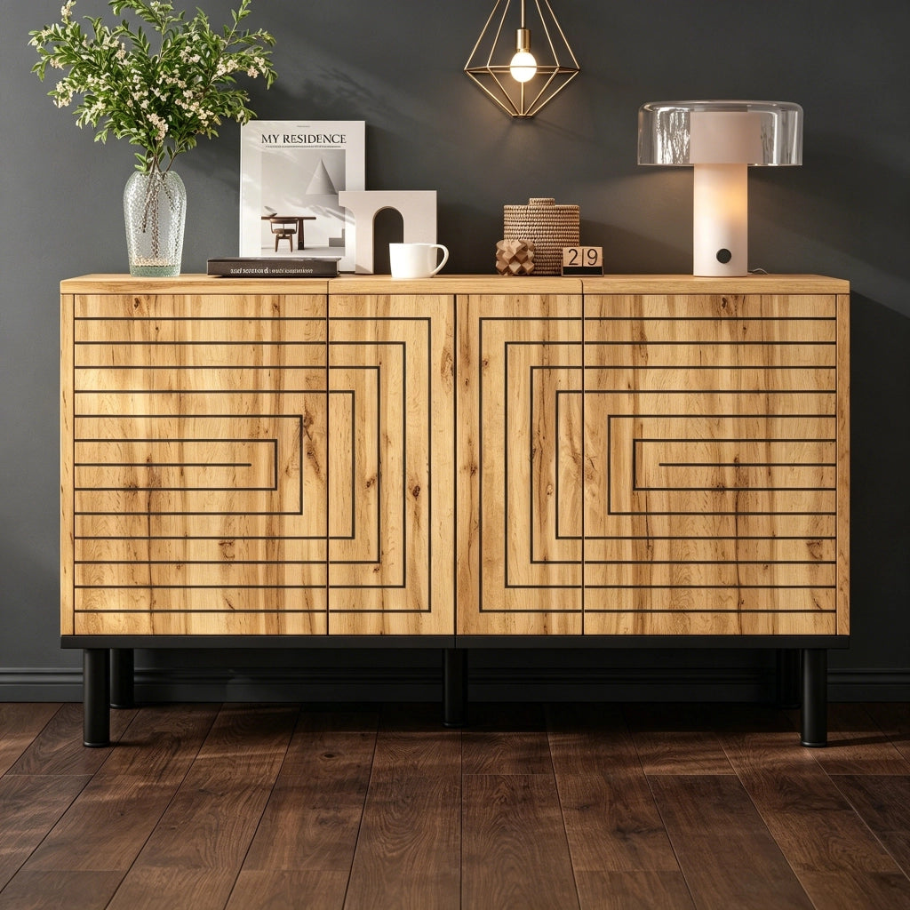 Credenza 120¡Á35¡Á68 cm con 3 ante push-open, motivo a onde, 6 vani, finitura effetto legno, portata fino a 50 kg