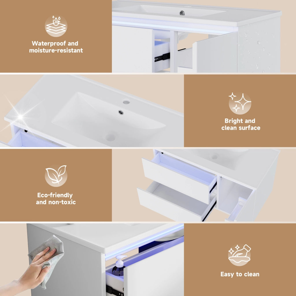Mobile sottolavabo con lavabo in ceramica, LED con sensore radar, 2 cassetti e 1 vano, bianco 91 × 46,5 × 50,5 cm