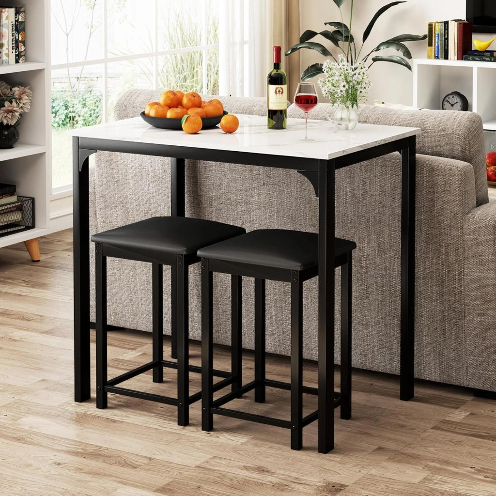 Tavolo Cucina con 2 Sgabelli, Tavolo Alto con 2 Sgabelli Senza Schienale in Similpelle da Cucina, Sala da Pranzo e Soggiorno, Tavolo Bar con Sgabelli Moderno per Spazi Piccoli (Bianco)