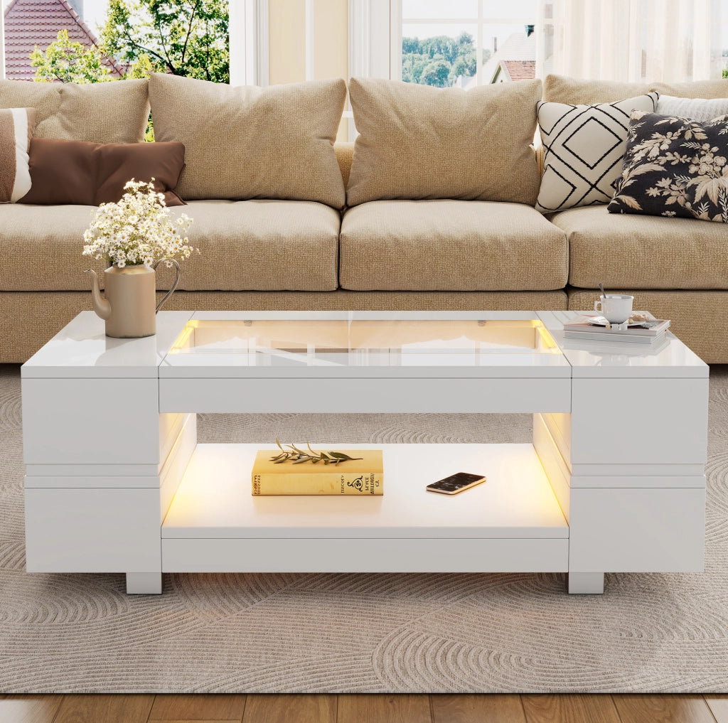 Tavolino da salotto 100x50x35 cm; LED con controllo da app; truciolato bianco