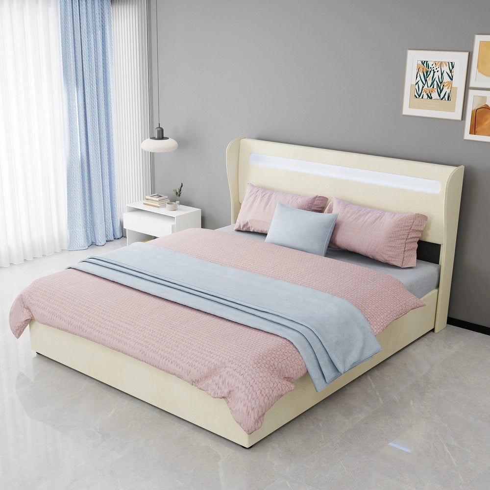 Letto Contenitore Imbottito con Testiera LED ¨C MINIMAL ¨C Velluto Beige 160x200