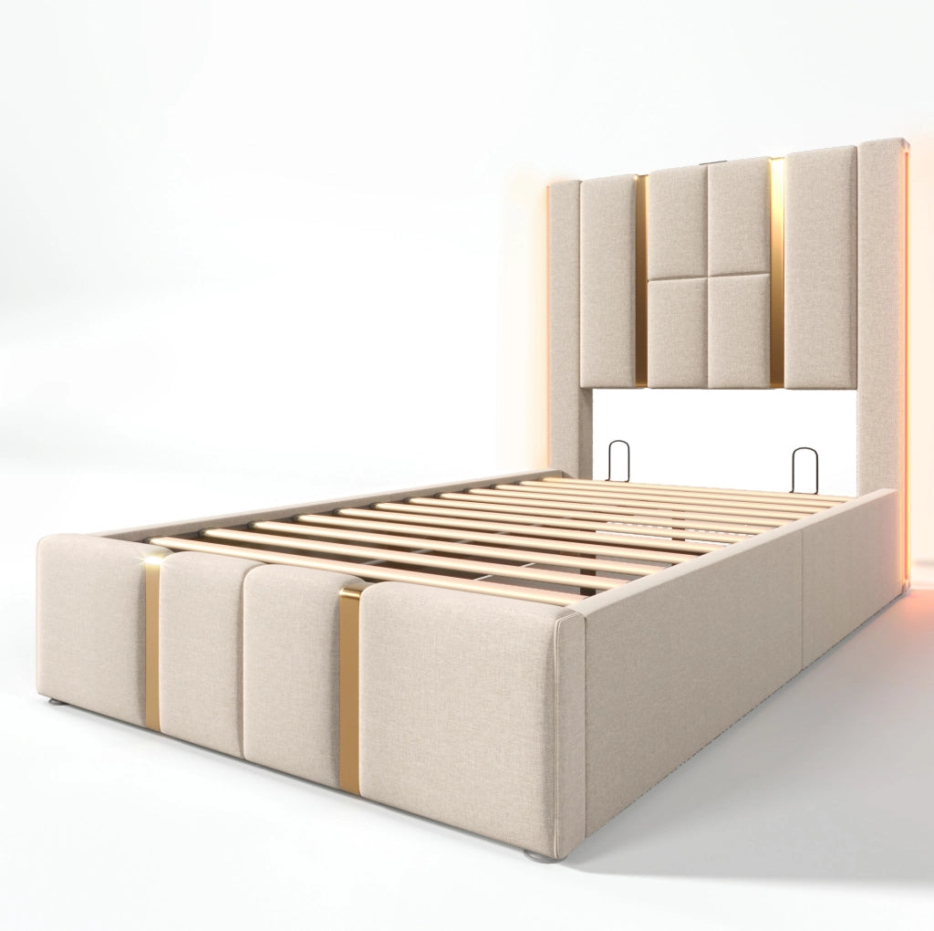 Letto imbottito singolo 90x200 cm con contenitore; LED; USB C e lino beige