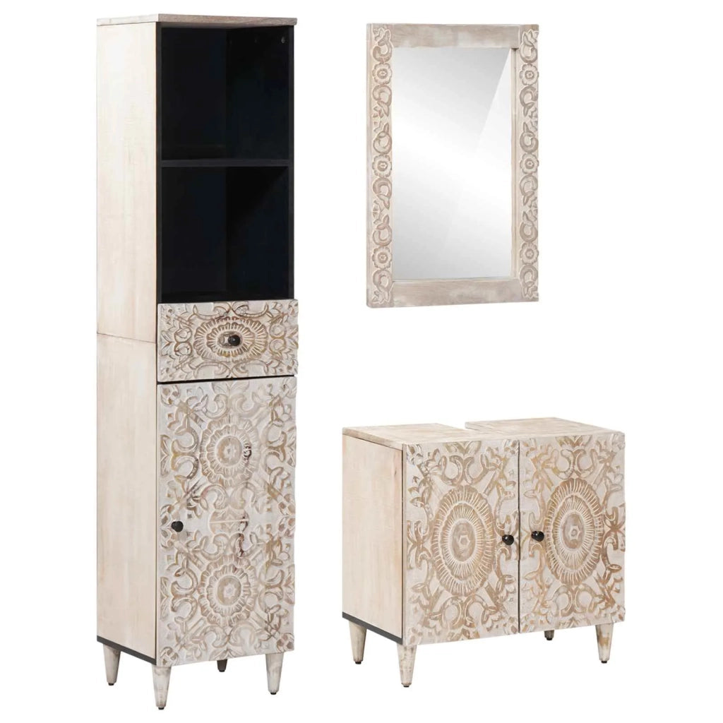 Set di mobili per il bagno 3 pcs Bianco Legno di mango massello