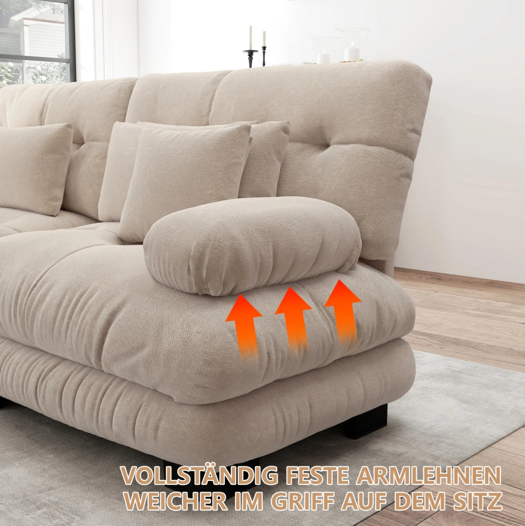 Divano modulare con ottomane mobili in chenille color caffè chiaro; seduta profonda