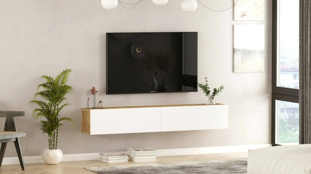 Mobile porta TV Pavone, Credenza da soggiorno, Armadio basso per TV, Base parete attrezzata, 180x32h30 cm, Quercia e Bianco