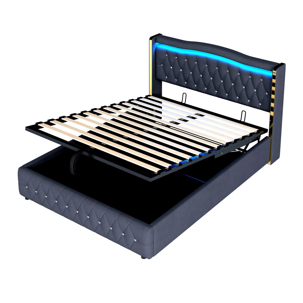 Letto contenitore 140 × 200 cm 2 posti con LED multicolore e vano idraulico, senza materasso, velluto nero