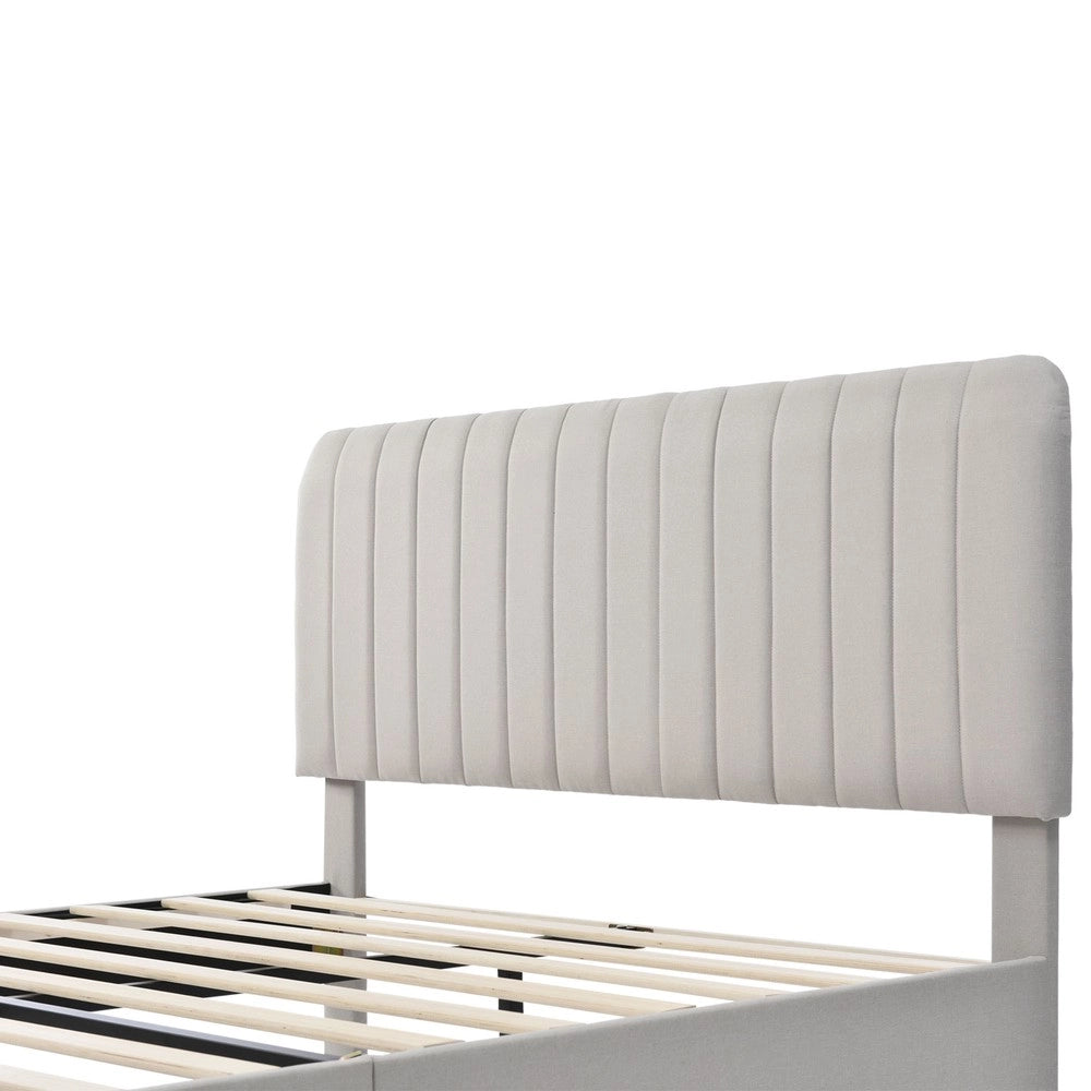 Letto Matrimoniale Imbottito con Testiera Regolabile ¨C MINIMAL ¨C Grigio Beige Tessuto Lino 160x200