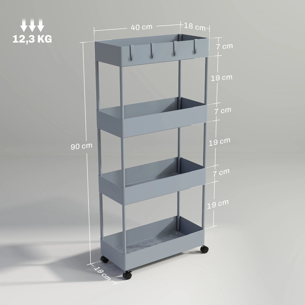 Carrello da Cucina 4 Ripiani ¨C Xylo ¨C con Ruote e 4 Cesti Rimovibili Grigio 40x19x90 cm