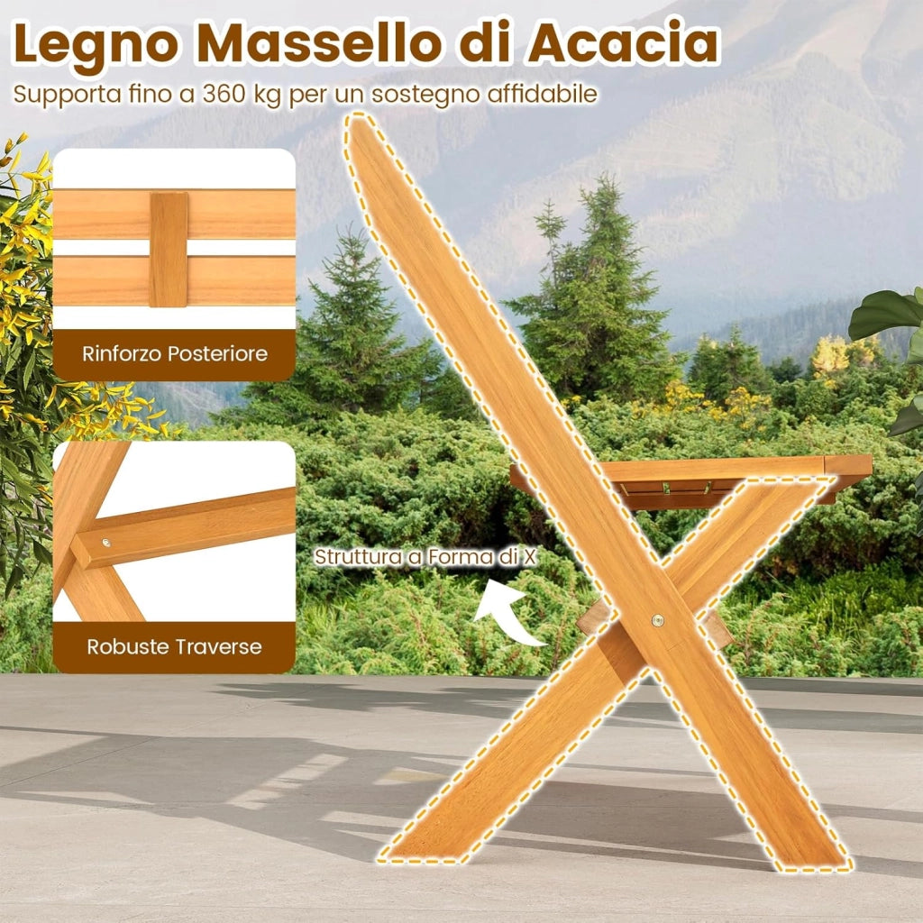 Panchina Pieghevole da Esterno, Panca da Giardino in Legno di Acacia per 2 Persone con Capacità di 360 kg, Panca da Esterno per Veranda, Balcone, Cortile e Parco