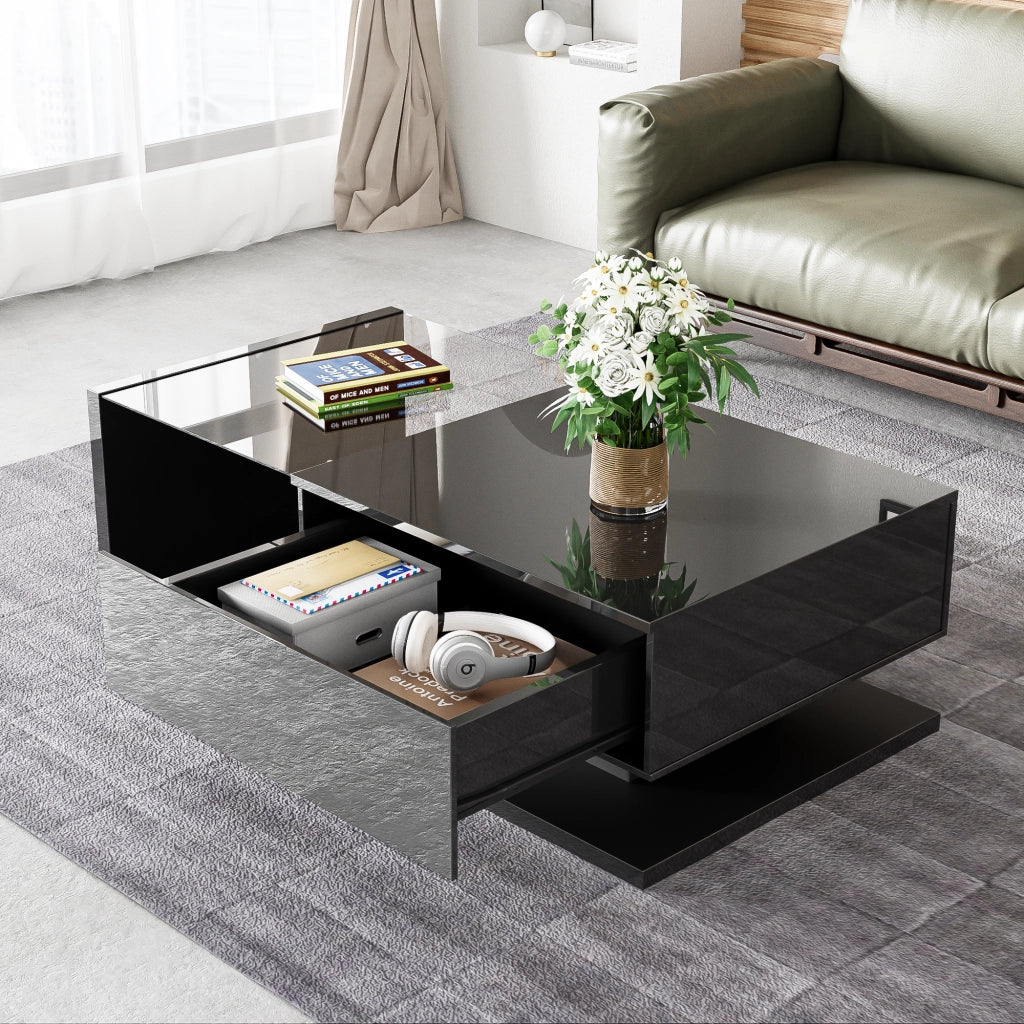 Tavolino da salotto con 1 Vano; LED e Piano in Vetro Temperato; Finitura Nero Lucido; 105 × 55 × 32.5 cm