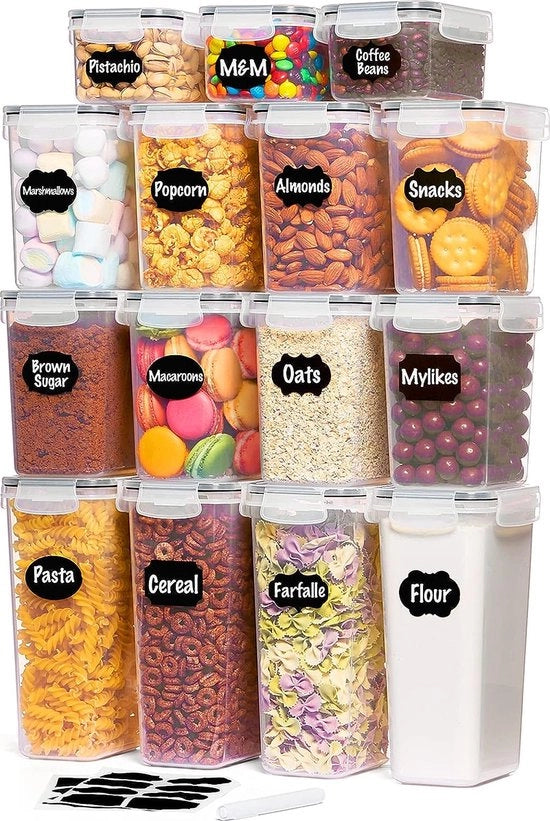 Contenitori di Stoccaggio con Lidi 15 Set di Boxe di Stoccaggio con Lidi Universali Scatola di Stoccaggio Aria Tappata Organizzatore di Cucina con Etichette per Grani Farina Zucchero Cereali in Cucina Resina BPA Libera