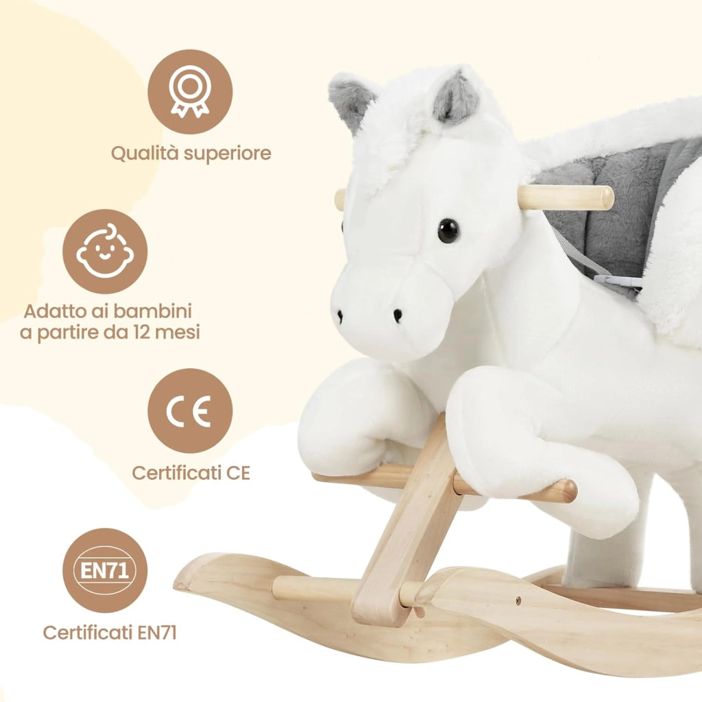 Cavallo a Dondolo in Legno Cavalluccio per Bambini Peluche Giocattolo Cavalcabile con Suoni e Cintura di Sicurezza Regalo Bimbi 1/2/3 Anni, Bianco e Grigio