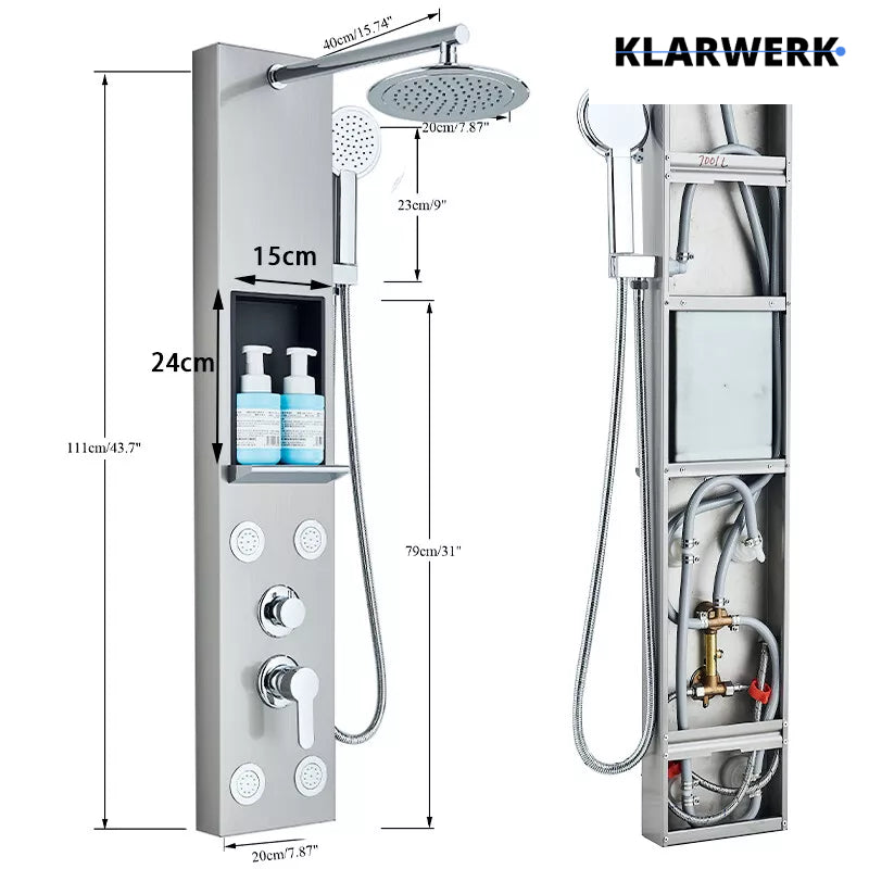 BEN | Pannello doccia soffione doccia a pioggia in acciaio inox | Sistema doccia idromassaggio spazzolata argento Miscelatore doccia rubinetto