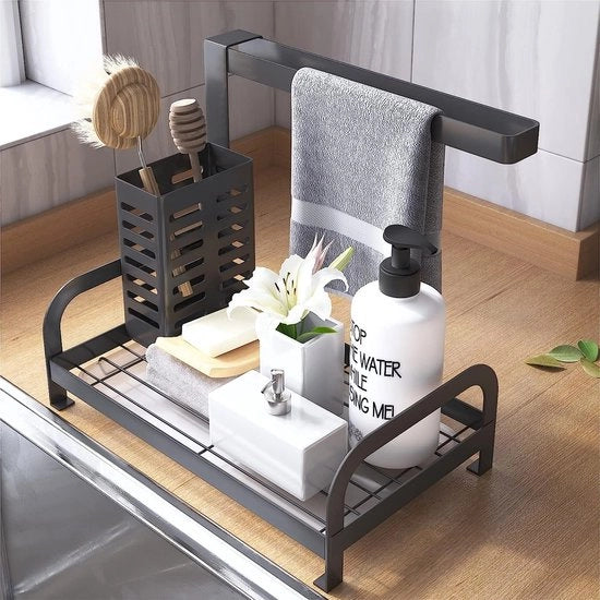 Organizzatore per Caddy, supporto per spugne, setaccio, contenitore per asciugamani, lavello per cucina, caddy nero, tavolo di lavoro con vaschetta di scarico per cucina e bagno