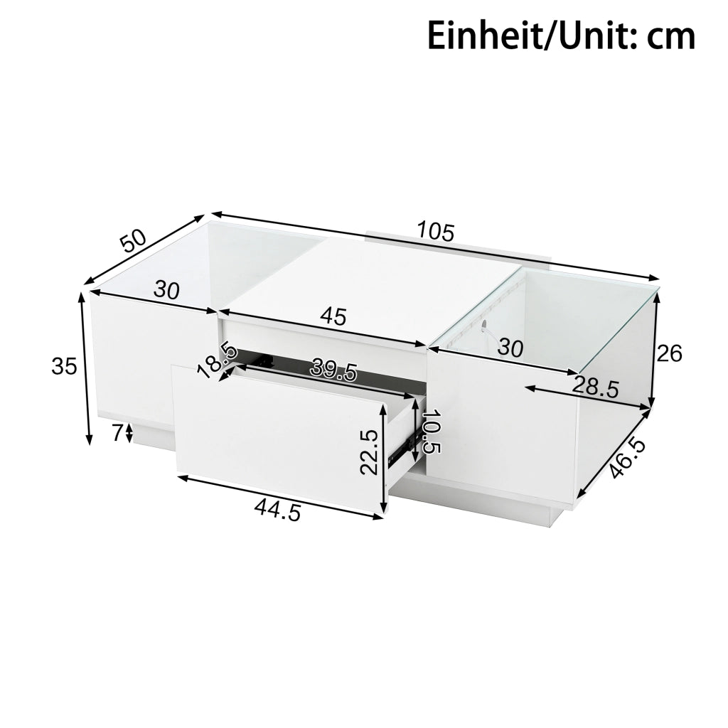 Tavolino da caffè 105x50x35 cm; con LED e spazio contenitivo; truciolare bianco